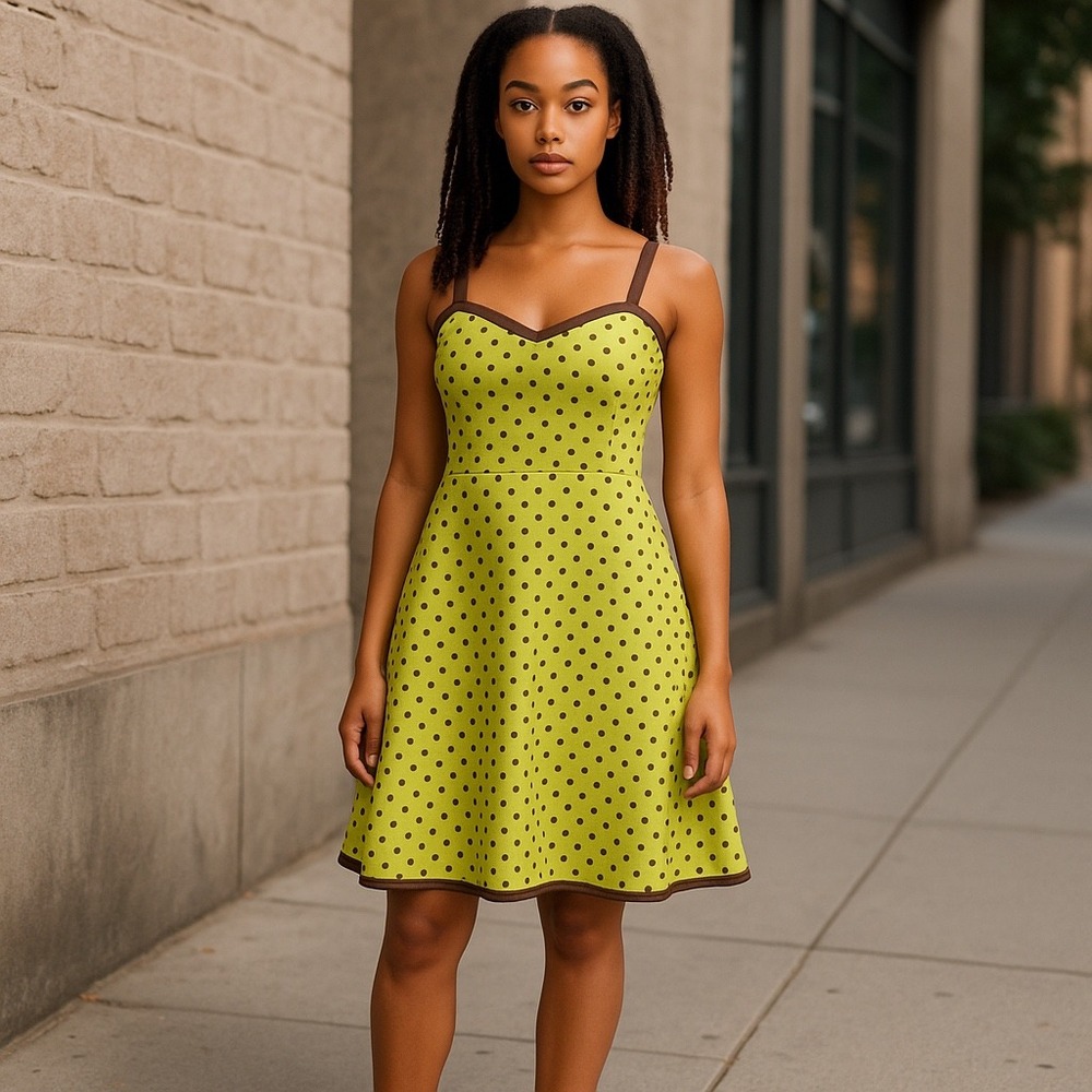 Kim Rogers Sleeveless Polka‎ Dot Dress Knee Length Green Brown Ruched Back Sz 10 - Picture 2 of 8